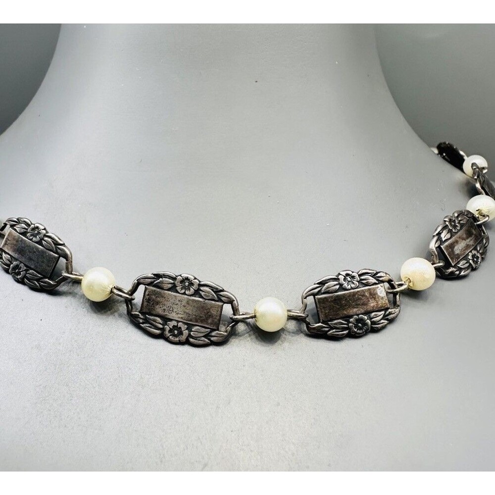 Vintage Sterling Silver Floral Link Choker Necklace W Pearl Accents 15” Art Deco
